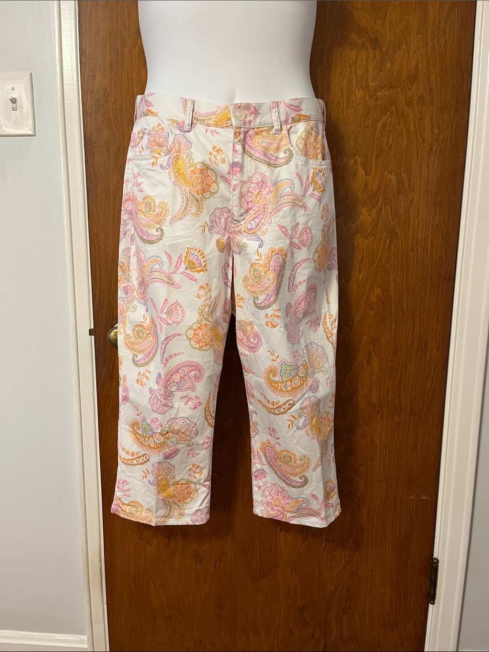 Lauren Ralph Lauren Paisley Cropped Pants Capris 12 White Pink Yellow Crop